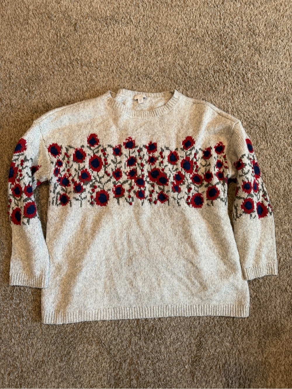 J. Jill Cream Crewneck Sweater with Red & Navy Floral Band